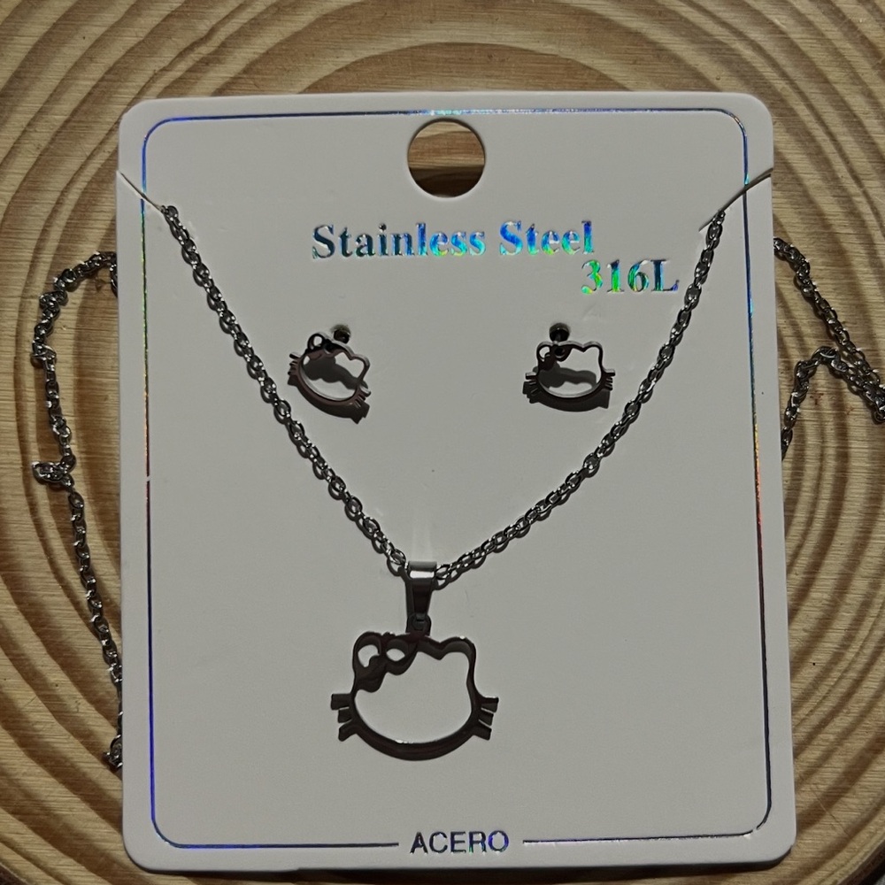 Stainless Steel Cat Necklace and Earring Set